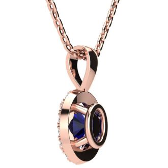 1 3/4 Carat Oval Shape Sapphire and Halo Diamond Necklace In 14 Karat Rose Gold With 18 Inch Chain