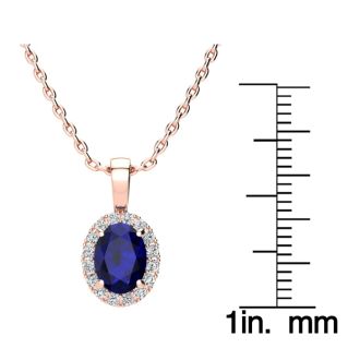 1 3/4 Carat Oval Shape Sapphire and Halo Diamond Necklace In 14 Karat Rose Gold With 18 Inch Chain