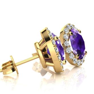 1 1/2 Carat Oval Shape Amethyst and Halo Diamond Stud Earrings In 14 Karat Yellow Gold