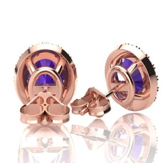1 1/2 Carat Oval Shape Amethyst and Halo Diamond Stud Earrings In 14 Karat Rose Gold