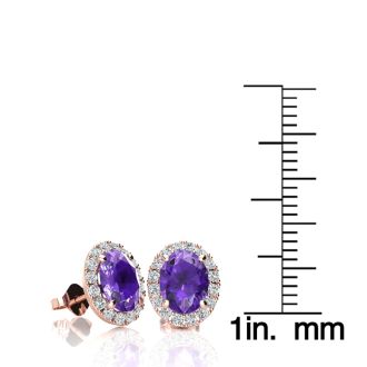 1 1/2 Carat Oval Shape Amethyst and Halo Diamond Stud Earrings In 14 Karat Rose Gold