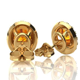 1 1/2 Carat Oval Shape Citrine and Halo Diamond Stud Earrings In 14 Karat Yellow Gold