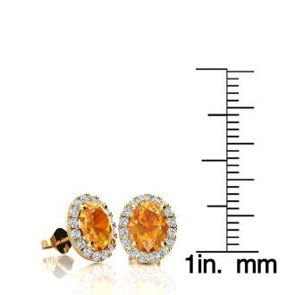 1 1/2 Carat Oval Shape Citrine and Halo Diamond Stud Earrings In 14 Karat Yellow Gold