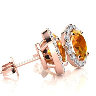 1 1/2 Carat Oval Shape Citrine and Halo Diamond Stud Earrings In 14 Karat Rose Gold