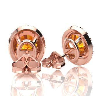 1 1/2 Carat Oval Shape Citrine and Halo Diamond Stud Earrings In 14 Karat Rose Gold