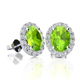 2 Carat Oval Shape Peridot and Halo Diamond Stud Earrings In 14 Karat White Gold