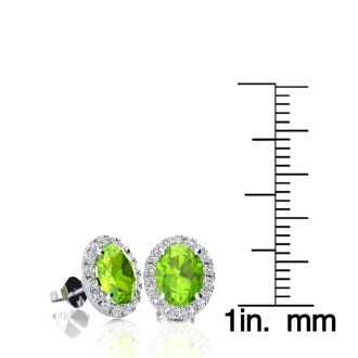 2 Carat Oval Shape Peridot and Halo Diamond Stud Earrings In 14 Karat White Gold