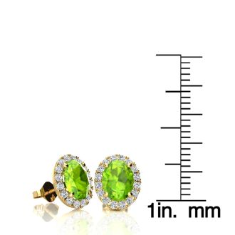 2 Carat Oval Shape Peridot and Halo Diamond Stud Earrings In 14 Karat Yellow Gold