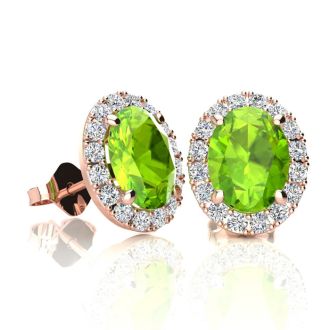 2 Carat Oval Shape Peridot and Halo Diamond Stud Earrings In 14 Karat Rose Gold