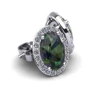 2 1/4 Carat Oval Shape Mystic Topaz and Halo Diamond Stud Earrings In 14 Karat White Gold