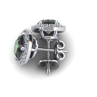 2 1/4 Carat Oval Shape Mystic Topaz and Halo Diamond Stud Earrings In 14 Karat White Gold