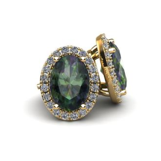 2 1/4 Carat Oval Shape Mystic Topaz and Halo Diamond Stud Earrings In 14 Karat Yellow Gold