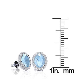 Aquamarine Earrings: Aquamarine Jewelry: 1 3/4 Carat Oval Shape Aquamarine and Halo Diamond Stud Earrings In 14 Karat White Gold