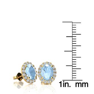 Aquamarine Earrings: Aquamarine Jewelry: 1 3/4 Carat Oval Shape Aquamarine and Halo Diamond Stud Earrings In 14 Karat Yellow Gold