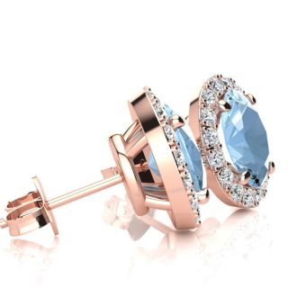 Aquamarine Earrings: Aquamarine Jewelry: 1 3/4 Carat Oval Shape Aquamarine and Halo Diamond Stud Earrings In 14 Karat Rose Gold