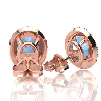 Aquamarine Earrings: Aquamarine Jewelry: 1 3/4 Carat Oval Shape Aquamarine and Halo Diamond Stud Earrings In 14 Karat Rose Gold