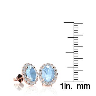 Aquamarine Earrings: Aquamarine Jewelry: 1 3/4 Carat Oval Shape Aquamarine and Halo Diamond Stud Earrings In 14 Karat Rose Gold
