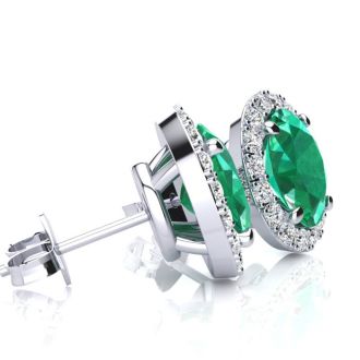 1 3/4 Carat Oval Shape Emerald and Halo Diamond Stud Earrings In 14 Karat White Gold