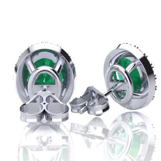 1 3/4 Carat Oval Shape Emerald and Halo Diamond Stud Earrings In 14 Karat White Gold