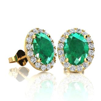 1 3/4 Carat Oval Shape Emerald and Halo Diamond Stud Earrings In 14 Karat Yellow Gold