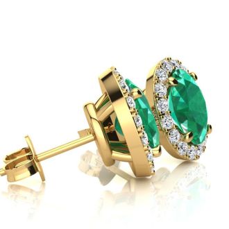 1 3/4 Carat Oval Shape Emerald and Halo Diamond Stud Earrings In 14 Karat Yellow Gold