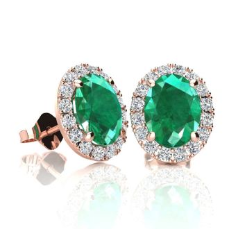 1 3/4 Carat Oval Shape Emerald and Halo Diamond Stud Earrings In 14 Karat Rose Gold