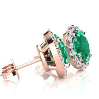 1 3/4 Carat Oval Shape Emerald and Halo Diamond Stud Earrings In 14 Karat Rose Gold