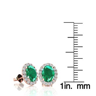 1 3/4 Carat Oval Shape Emerald and Halo Diamond Stud Earrings In 14 Karat Rose Gold