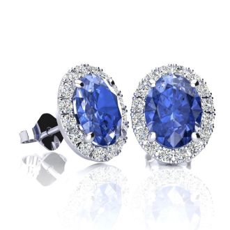 2 Carat Oval Shape Tanzanite and Halo Diamond Stud Earrings In 14 Karat White Gold