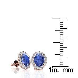 2 Carat Oval Shape Tanzanite and Halo Diamond Stud Earrings In 14 Karat Rose Gold