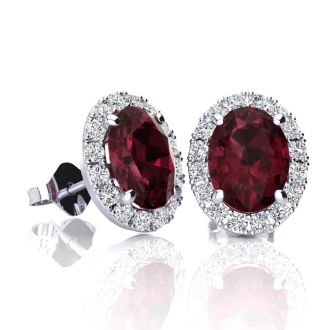 Garnet Earrings: Garnet Jewelry: 2 1/4 Carat Oval Shape Garnet and Halo Diamond Stud Earrings In 14 Karat White Gold