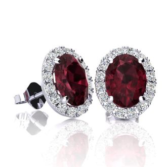 Garnet Earrings: Garnet Jewelry: 2 1/4 Carat Oval Shape Garnet and Halo Diamond Stud Earrings In 14 Karat White Gold
