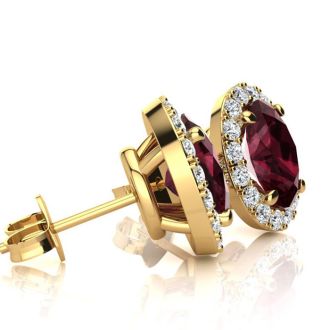 Garnet Earrings: Garnet Jewelry: 2 1/4 Carat Oval Shape Garnet and Halo Diamond Stud Earrings In 14 Karat Yellow Gold