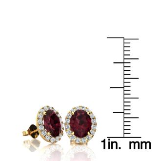 2 1/4 Carat Oval Shape Garnet and Halo Diamond Stud Earrings In 14 Karat Yellow Gold