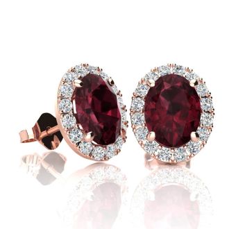 2 1/4 Carat Oval Shape Garnet and Halo Diamond Stud Earrings In 14 Karat Rose Gold