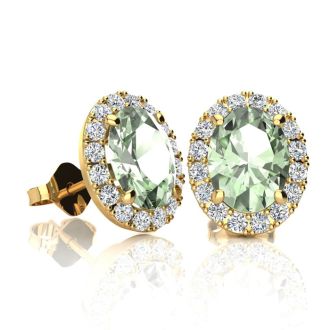 1 1/2 Carat Oval Shape Green Amethyst and Halo Diamond Stud Earrings In 14 Karat Yellow Gold