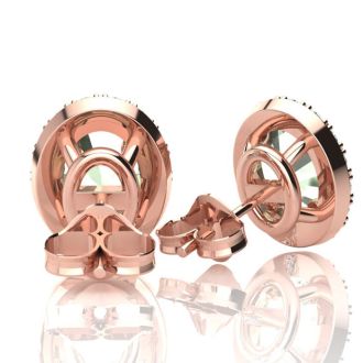 1 1/2 Carat Oval Shape Green Amethyst and Halo Diamond Stud Earrings In 14 Karat Rose Gold