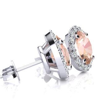 1-3/4 Carat Oval Shape Morganite Earrings and Diamond Halo In 14 Karat White Gold