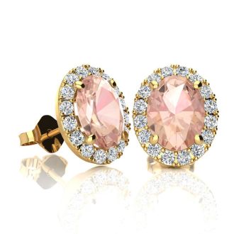 1-3/4 Carat Oval Shape Morganite Earrings and Diamond Halo In 14 Karat Yellow Gold
