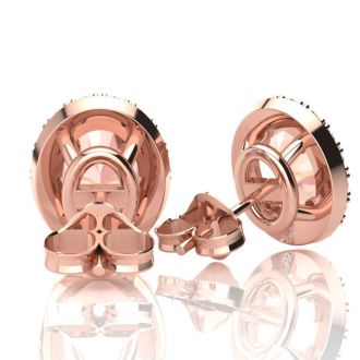 1-3/4 Carat Oval Shape Morganite Earrings and Diamond Halo In 14 Karat Rose Gold