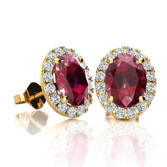 2 Carat Oval Shape Ruby and Halo Diamond Stud Earrings In 14 Karat Yellow Gold