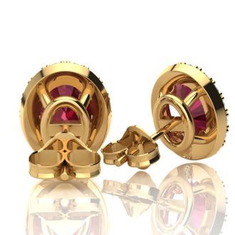 2 Carat Oval Shape Ruby and Halo Diamond Stud Earrings In 14 Karat Yellow Gold