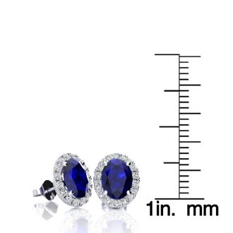 2 1/4 Carat Oval Shape Sapphire and Halo Diamond Stud Earrings In 14 Karat White Gold
