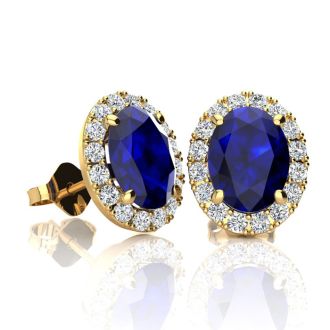 2 1/4 Carat Oval Shape Sapphire and Halo Diamond Stud Earrings In 14 Karat Yellow Gold