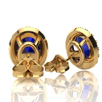 2 1/4 Carat Oval Shape Sapphire and Halo Diamond Stud Earrings In 14 Karat Yellow Gold