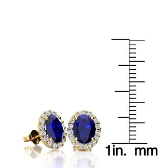 2 1/4 Carat Oval Shape Sapphire and Halo Diamond Stud Earrings In 14 Karat Yellow Gold