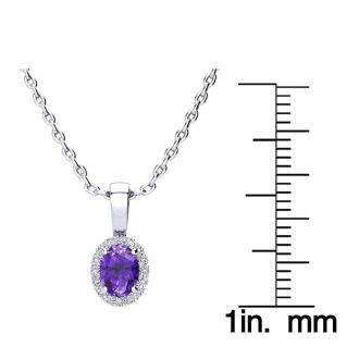 1/2 Carat Oval Shape Amethyst and Halo Diamond Necklace In 14 Karat White Gold With 18 Inch Chain