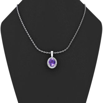 1/2 Carat Oval Shape Amethyst and Halo Diamond Necklace In 14 Karat White Gold With 18 Inch Chain