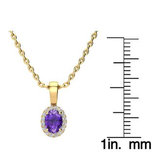 1/2 Carat Oval Shape Amethyst and Halo Diamond Necklace In 14 Karat Yellow Gold With 18 Inch Chain