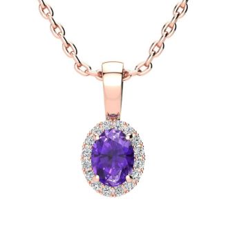 1/2 Carat Oval Shape Amethyst and Halo Diamond Necklace In 14 Karat Rose Gold With 18 Inch Chain